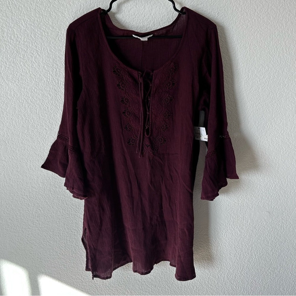 O'Neill Burgundy Sheer Lace-Up Swim Suit Cover Women’s Large - Picture 3 of 11
